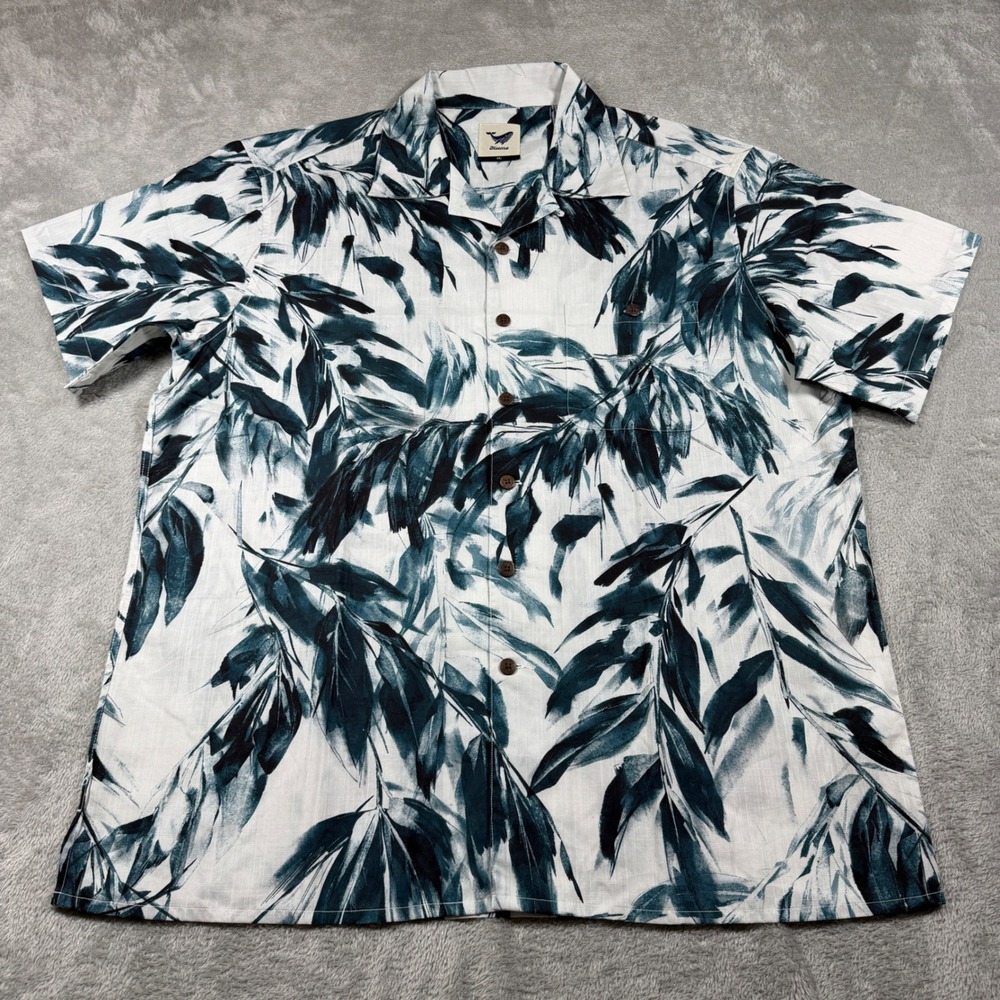 Yiume Button Up Shirt Mens XL White Blue Floral Palm Leaf Short Sleeve Cotton